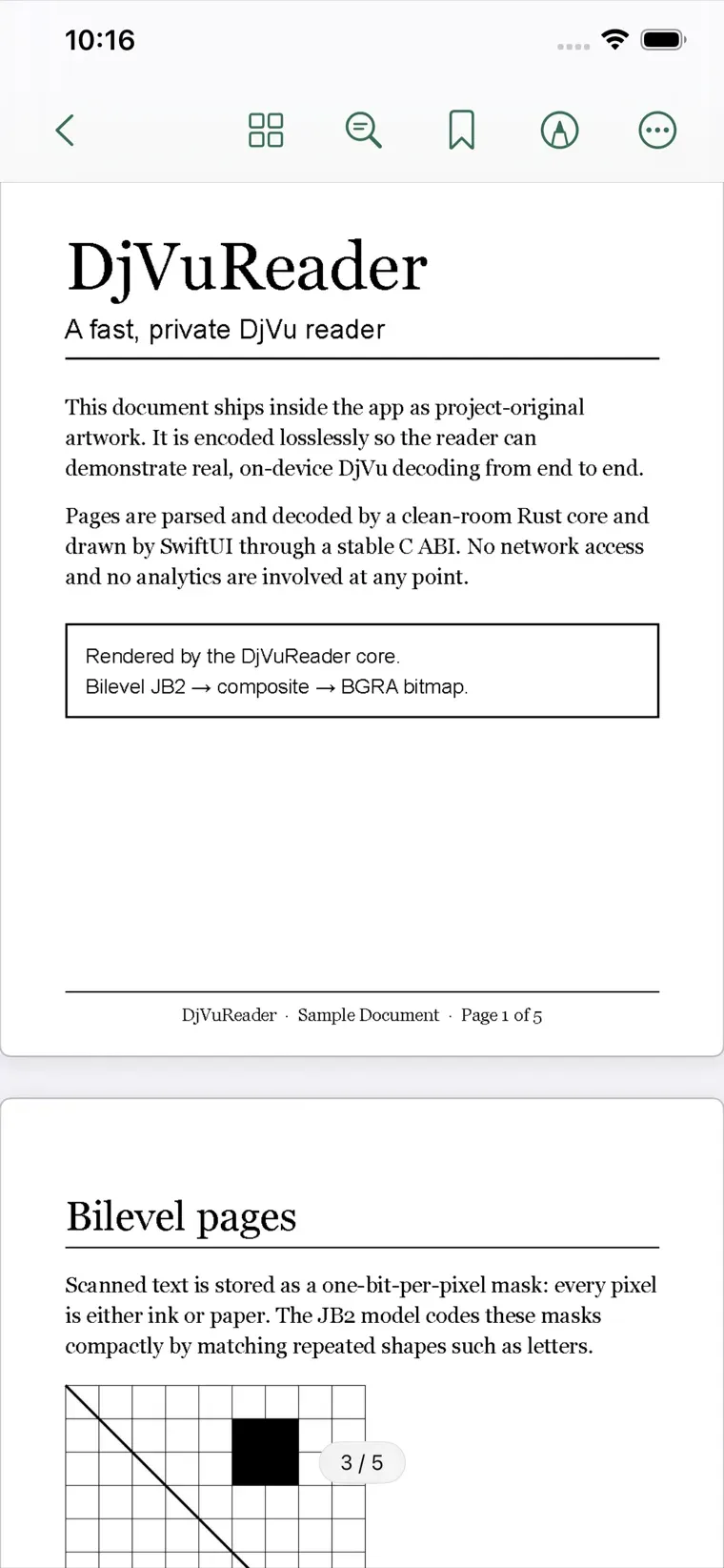 Screenshot of DjVuReader on iPhone: a DjVu document decoded on the device and rendered in continuous scroll, showing the title page and the start of the next page with the page indicator reading 3 of 5.