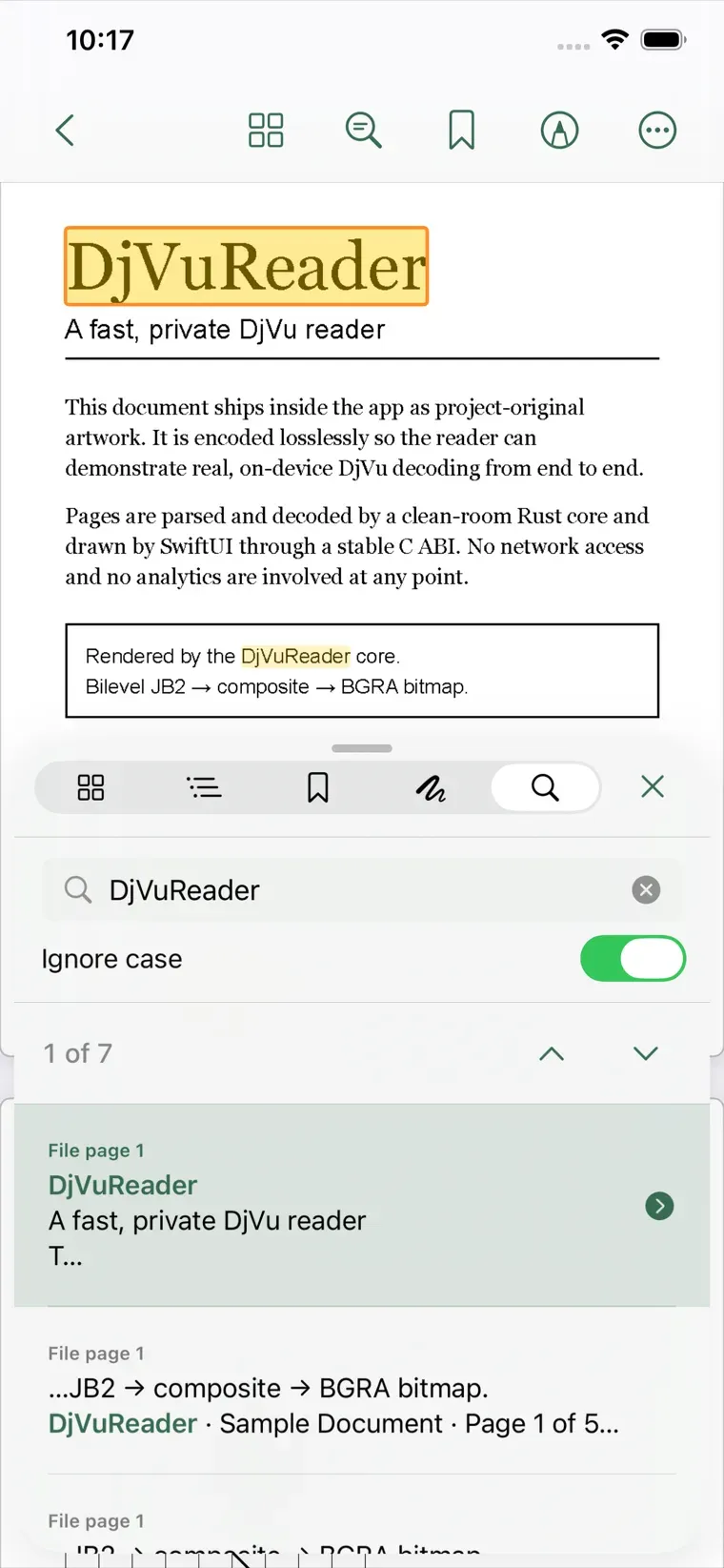 Screenshot of DjVuReader on iPhone: full-text search across the same DjVu document, with the term highlighted on the page, a case-sensitivity toggle, and a result list reading 1 of 7.